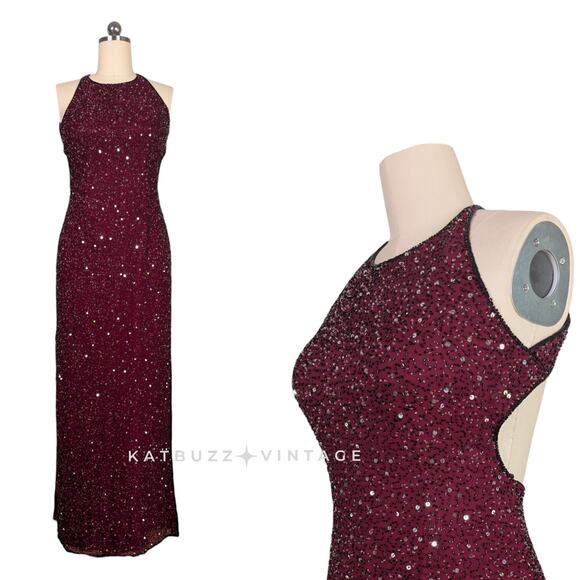 Scala Prom Dress Maxi Gown L Red Black Vintage Bead Silk Glam Holiday Y2K 90s - Picture 4 of 12